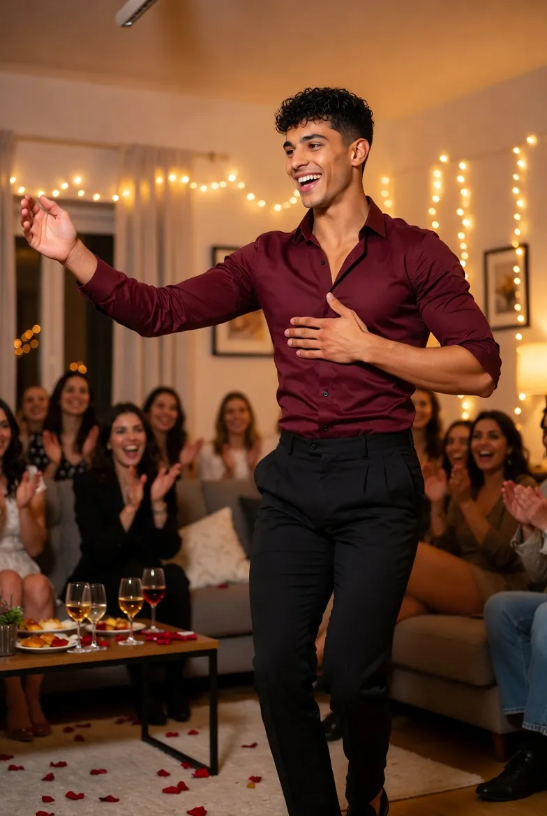 רון במופע ריקוד אנרגטי במסיבת רווקות בדירה