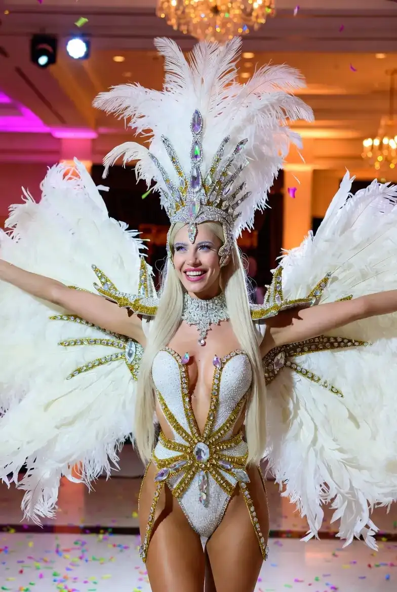 אמילי במופע סמבה ברזילאי עם נוצות לבנות וזהובות בחתונה