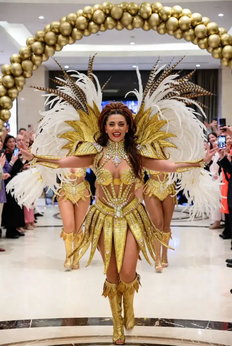 אריאנה מובילה קבוצת רקדניות ברזילאיות בכניסה לחתונה