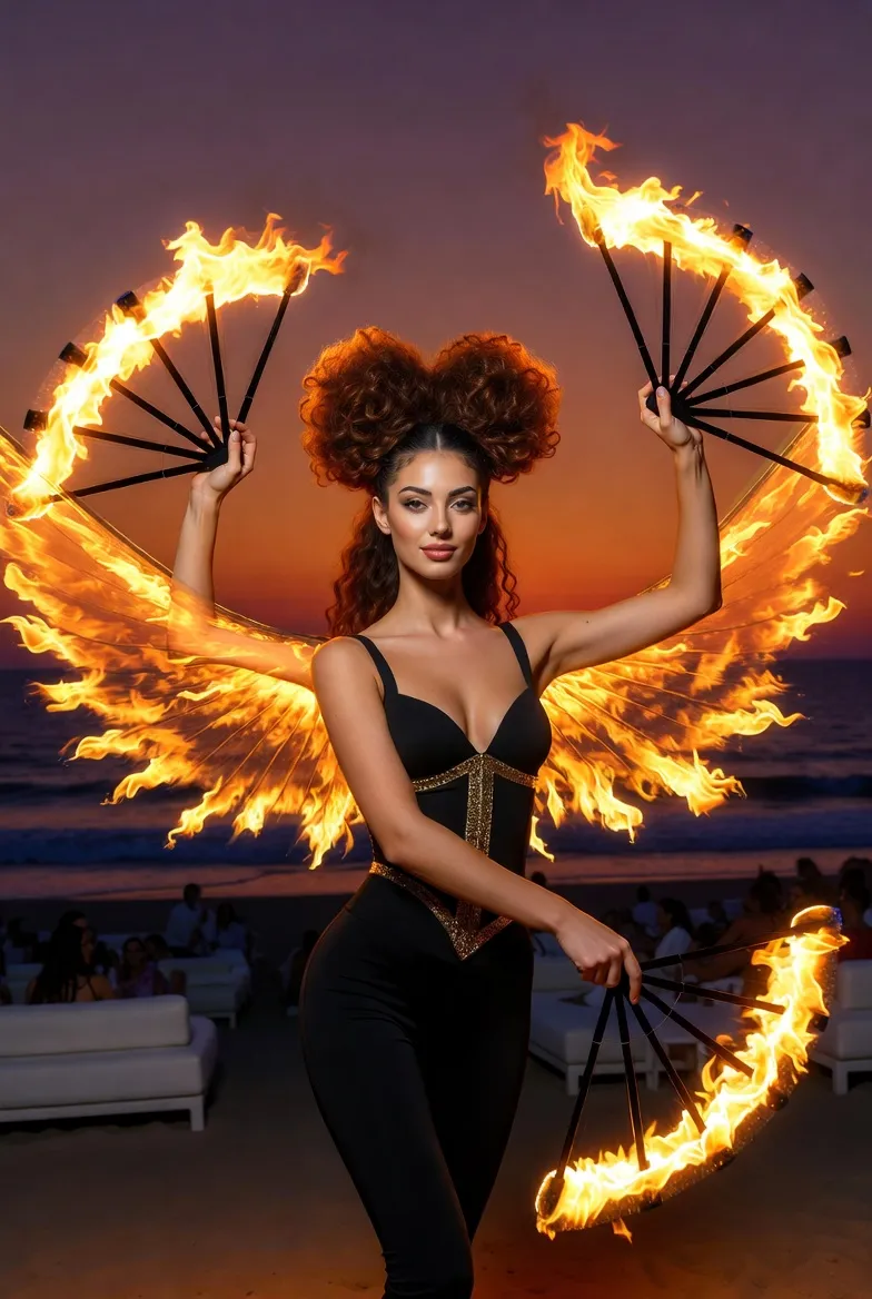 אריאנה במופע אש עם מניפות אש על חוף הים בשקיעה