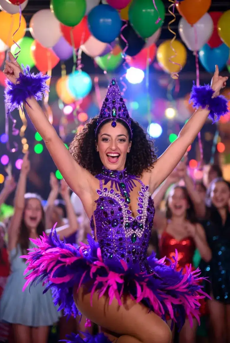 ג'אנל במופע סמבה ברזילאי עם נוצות ותחפושת קרנבל