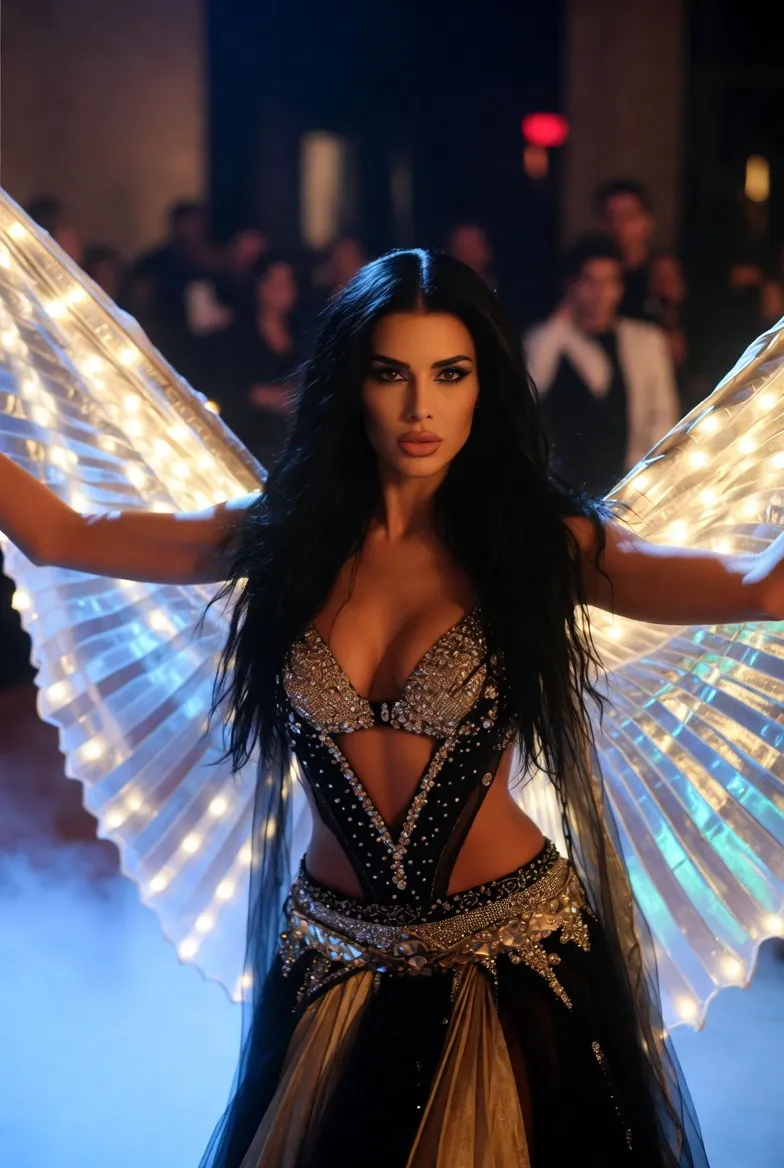 ג׳סיקה במופע ריקוד בטן מזרחי עם כנפיי LED באולם חשוך