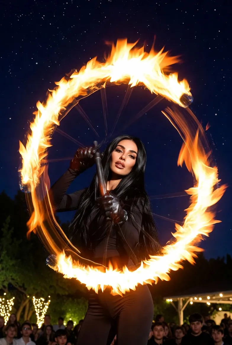 ג׳סיקה במופע אש עם מקל אש באירוע חוצות בחיפה