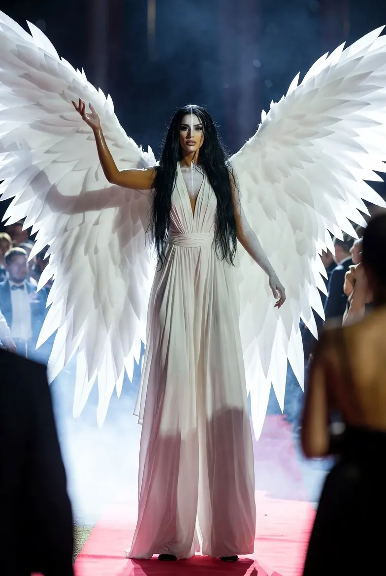 ג׳סיקה כמייצגת לבנה עם כנפיים על כלונסאות בכניסה לחתונה