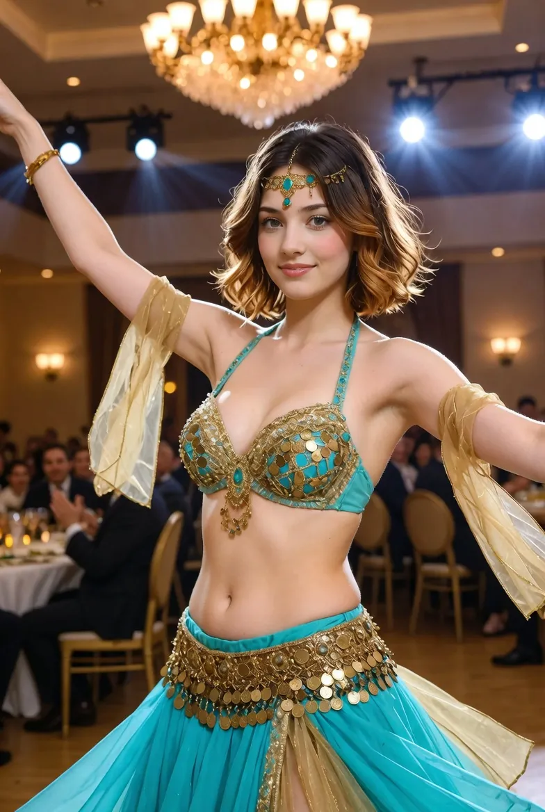 דנה במופע ריקוד בטן מזרחי עם צעיפים וכנפיים בחינה