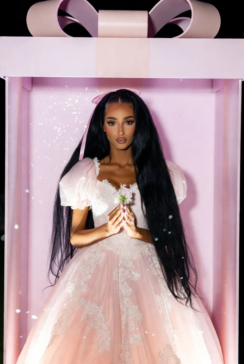 טליה כמייצגת בובת פורצלן ורודה בתוך קופסת מתנה בכניסה לחתונה