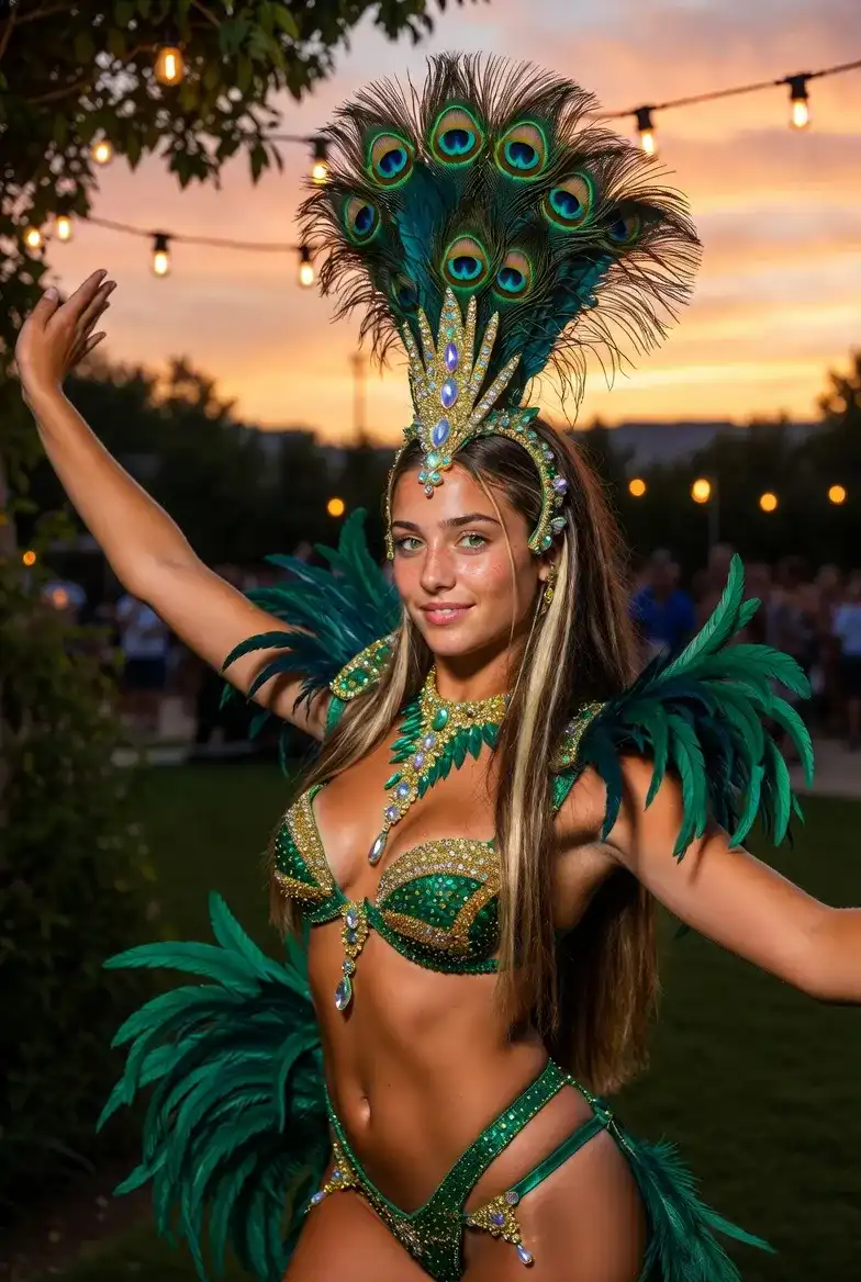 יעל במופע סמבה ברזילאי עם נוצות טווס ירוקות וזהובות בחתונה