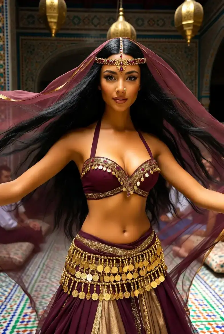 לונה במופע ריקוד בטן מזרחי עם שרשרת מטבעות בחינה