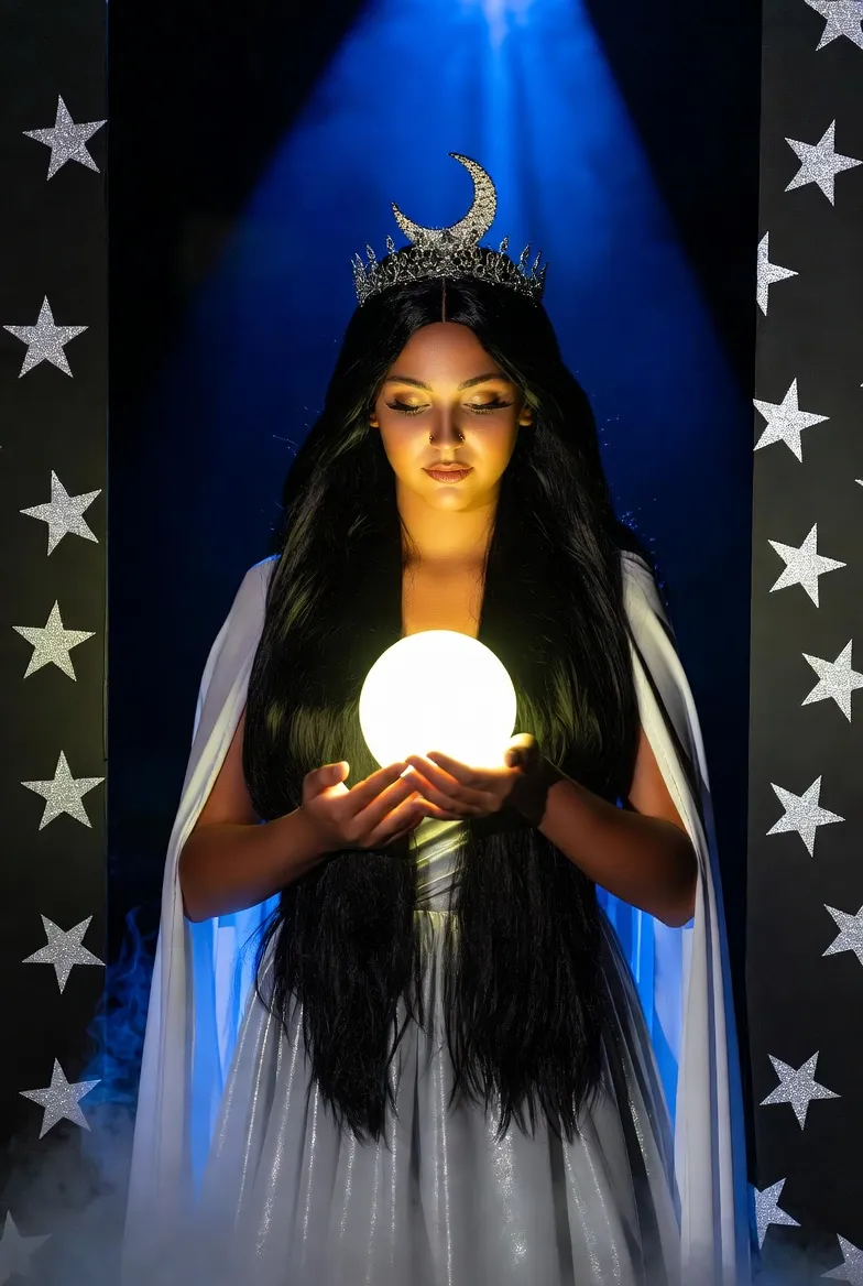 לונה כמייצגת אלת ירח עם כתר סהר וכדור LED זוהר בכניסה לחתונה