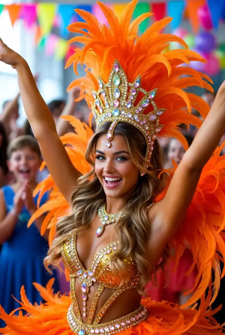 מאיה במופע סמבה ברזילאי עם נוצות צבעוניות בבת מצווה