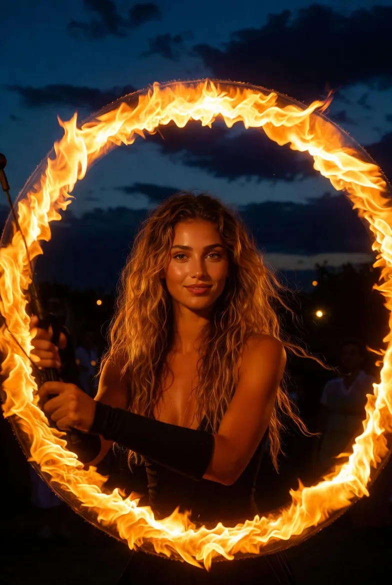 מאיה במופע אש עם לפידים באירוע חוצות