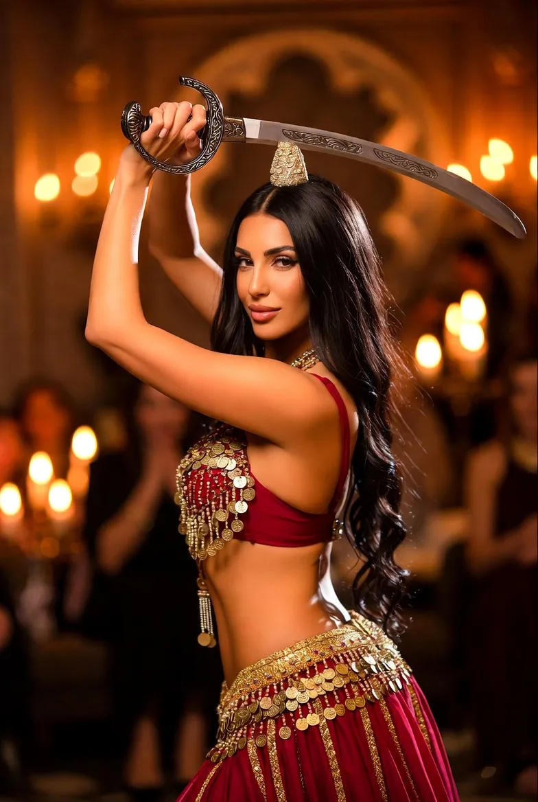 מישל במופע ריקוד בטן מזרחי עם סייף וצעיפים בחתונה