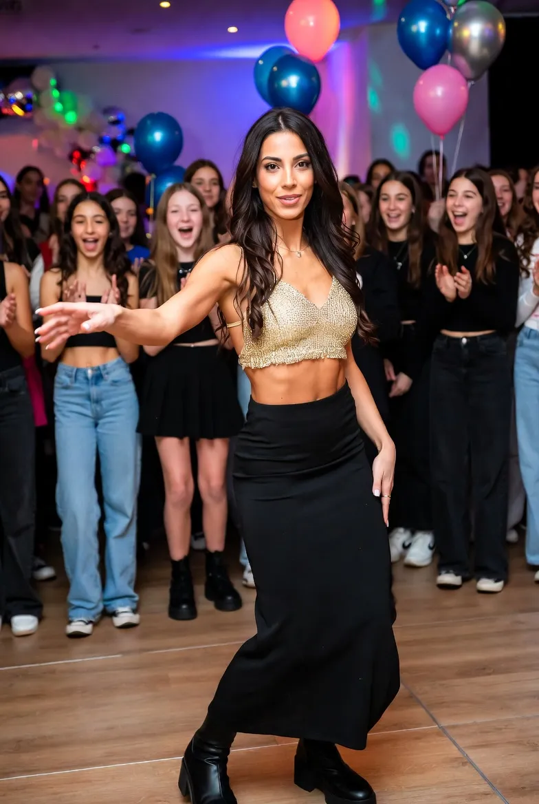 מישל רוקדת גו-גו על הרחבה במסיבת בר מצווה