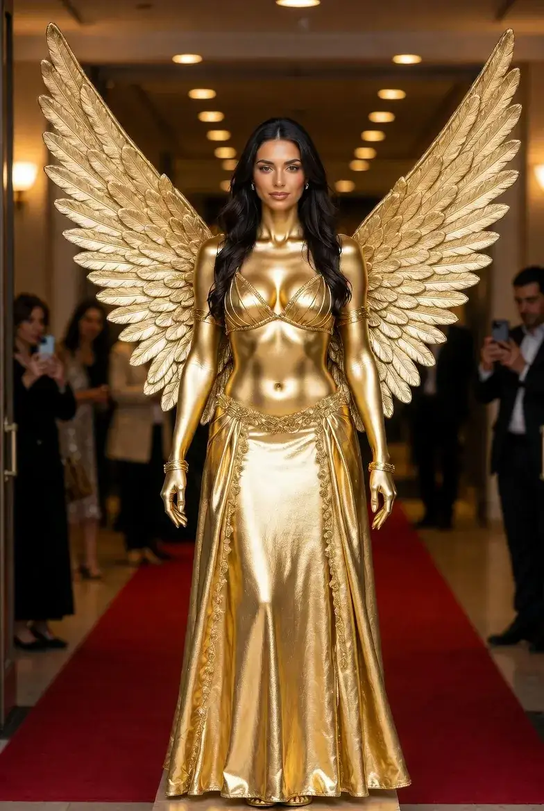 מישל כמייצגת זהובה עם כנפיים — פסל חי בכניסה לאירוע