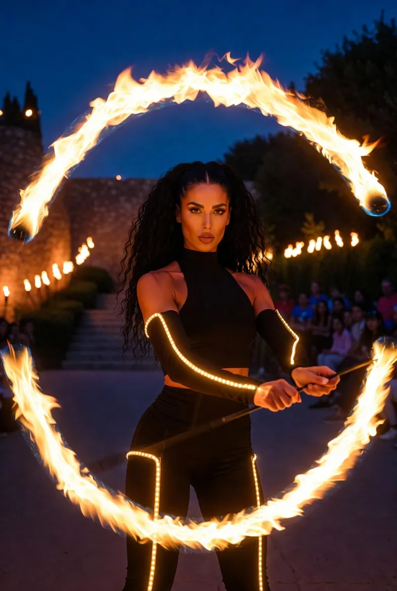 נועה במופע אש עם פויים ומקלות באירוע חוצות