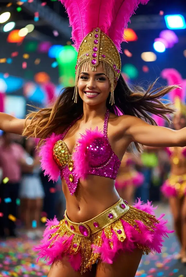 ניקול במופע סמבה ברזילאי עם נוצות ותחפושת קרנבל