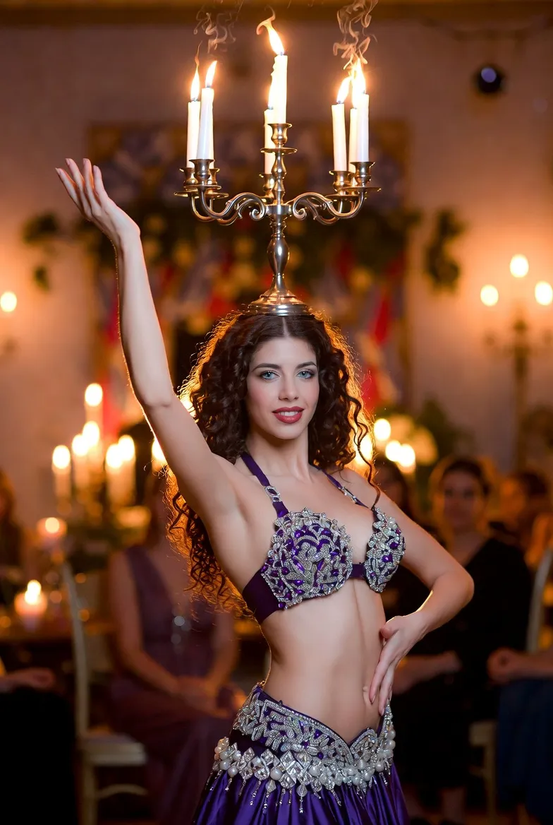 סנז׳אנה במופע ריקוד בטן מזרחי עם נרות בחינה