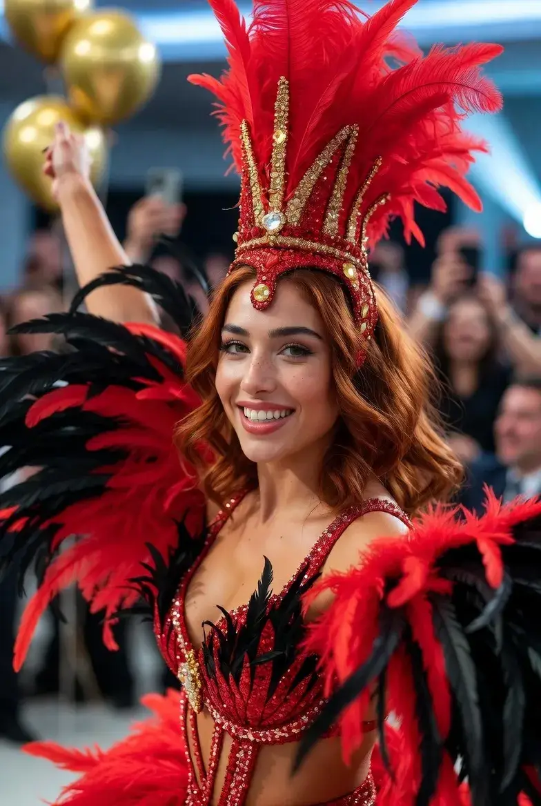 רותם במופע סמבה ברזילאי עם נוצות אדומות ושחורות בחתונה