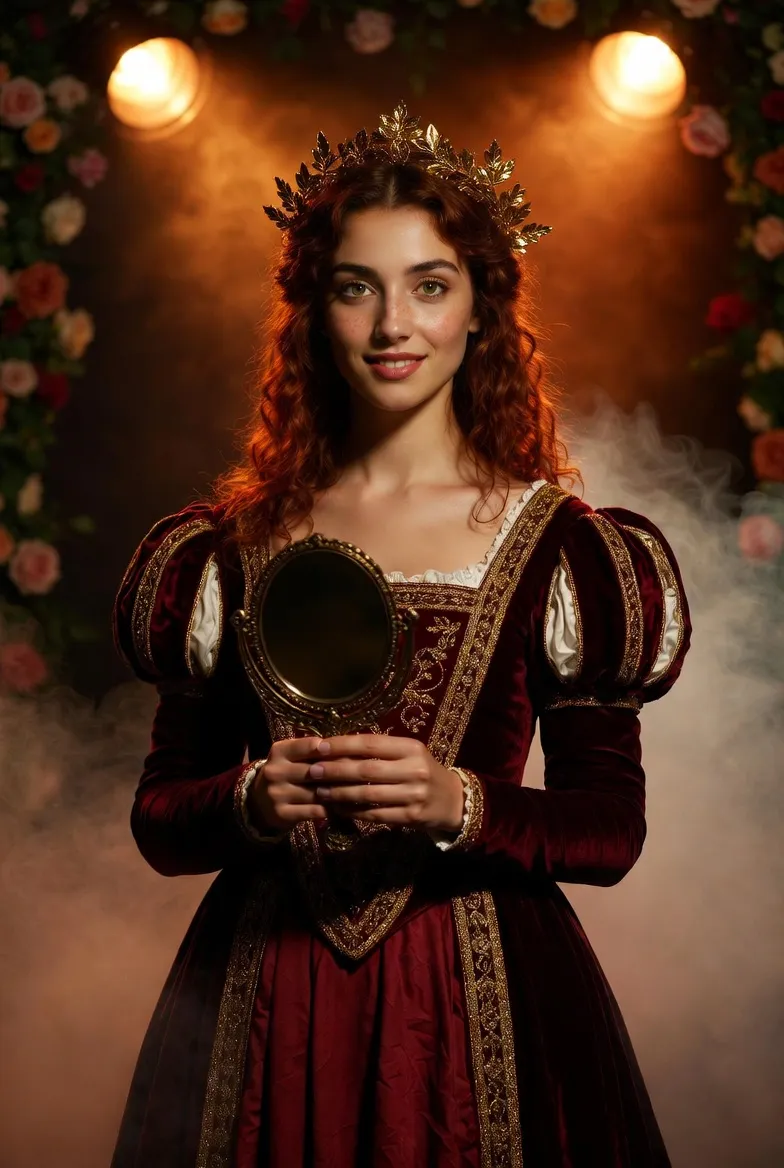 רותם כמייצגת רנסנסית עם שמלת קטיפה בורדו ועטרת דפנה