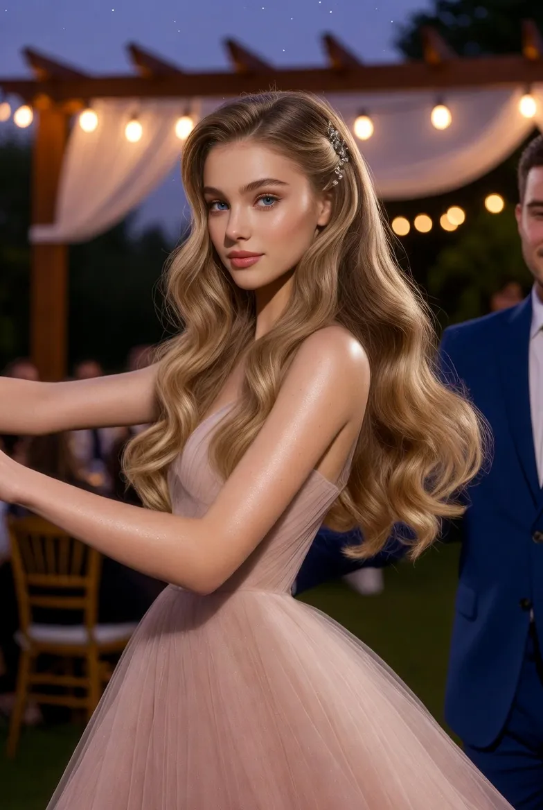 שקד רוקדת ואלס אלגנטי עם בן זוג בחתונה גן